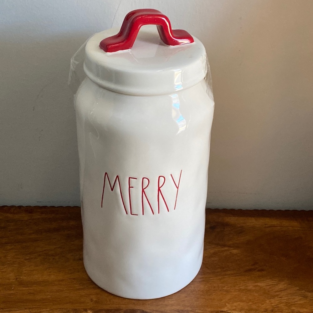 New Rae Dunn Holiday Ceramic Canister Jar White Red Merry Large Letter